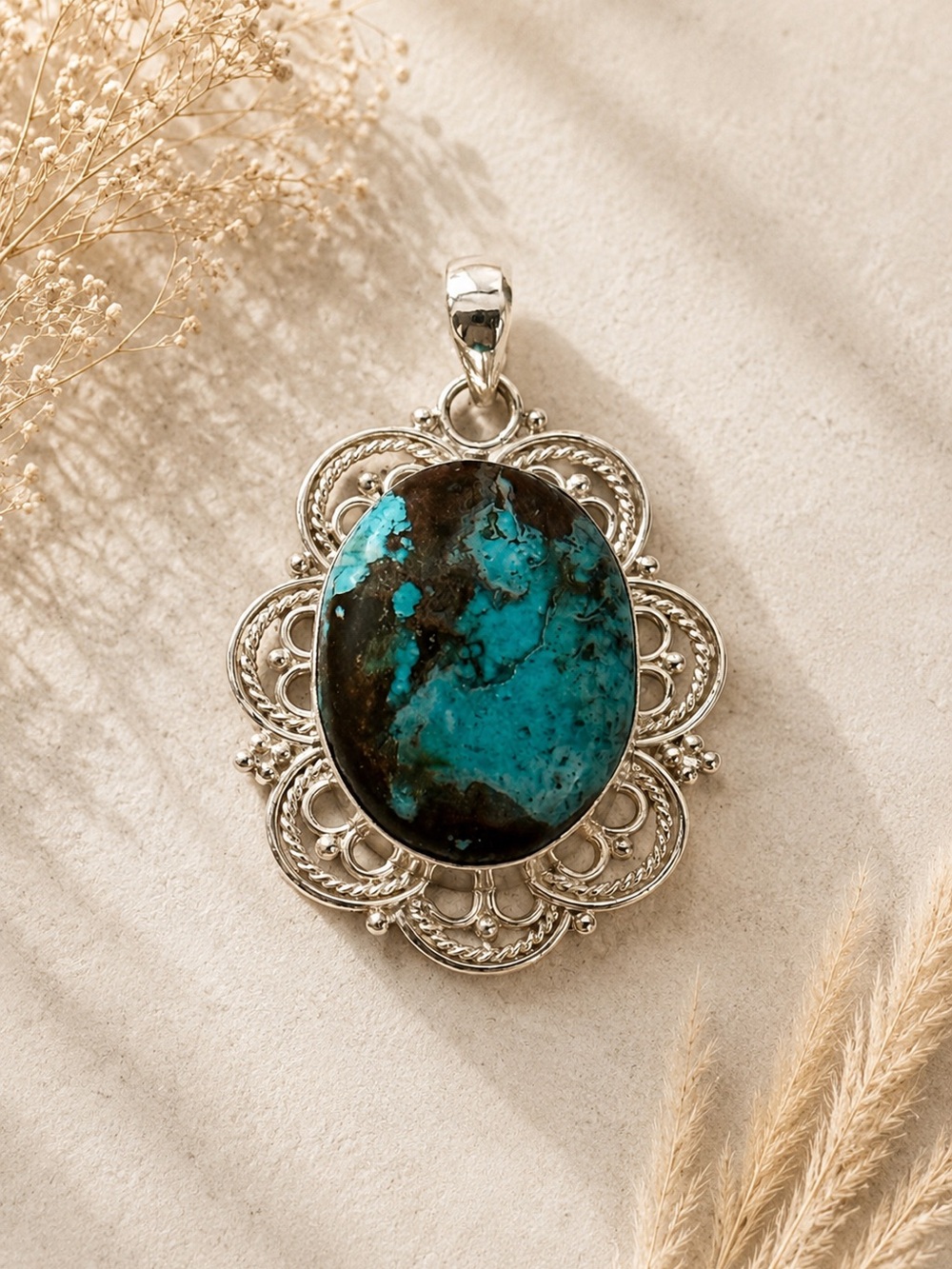 Sterling Silver Natural Turquoise Pendant Necklace - Blue Brown Stone